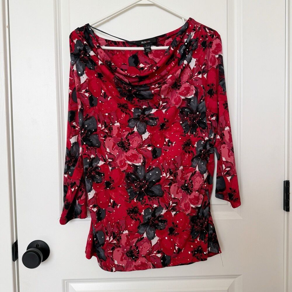 Style Co Womens‎ Dark Floral Cowl Neck Top Size Large Elegant Stretch Red Black